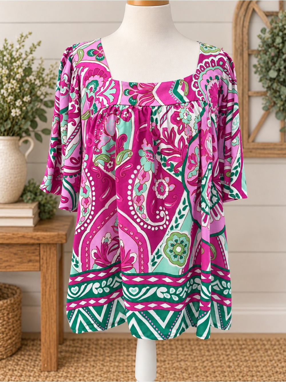 Karen Kane Fuchsia Floral Square-Neck Flutter Sleeve Top